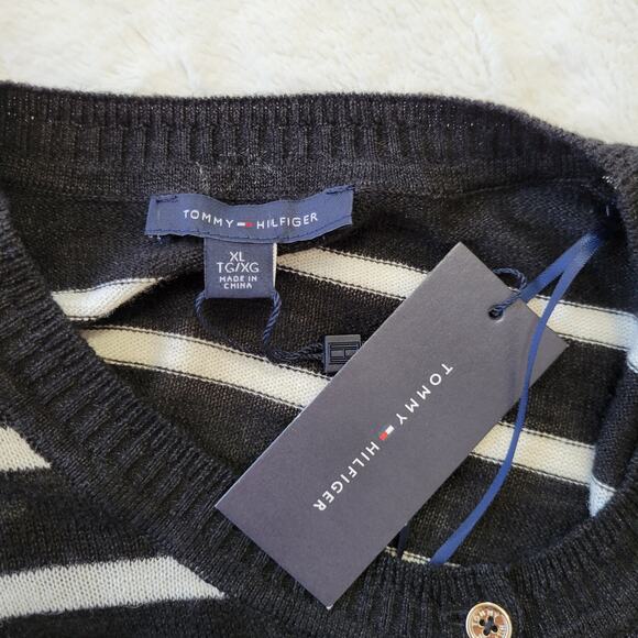 NWT Tommy Hilfiger Knit Cardigan Sweater Sz XL Black White Stripe Pockets Preppy - Picture 8 of 8